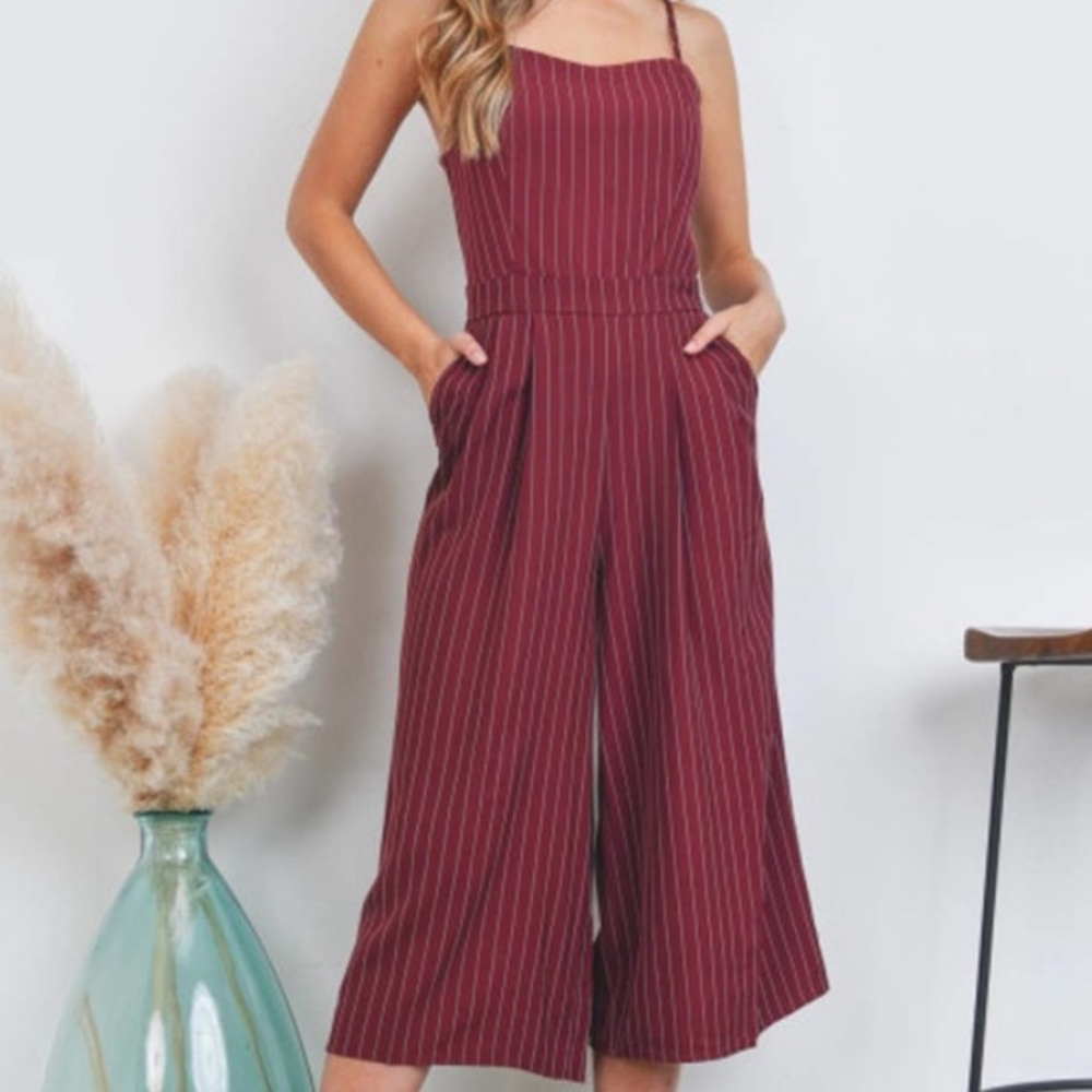 Chocolates Burgundy Pinstripes Jumpsuit with Lace Up Back Size Small